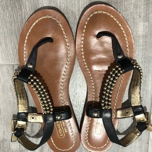 COACH Black Thong Sandals with gold beading size 6